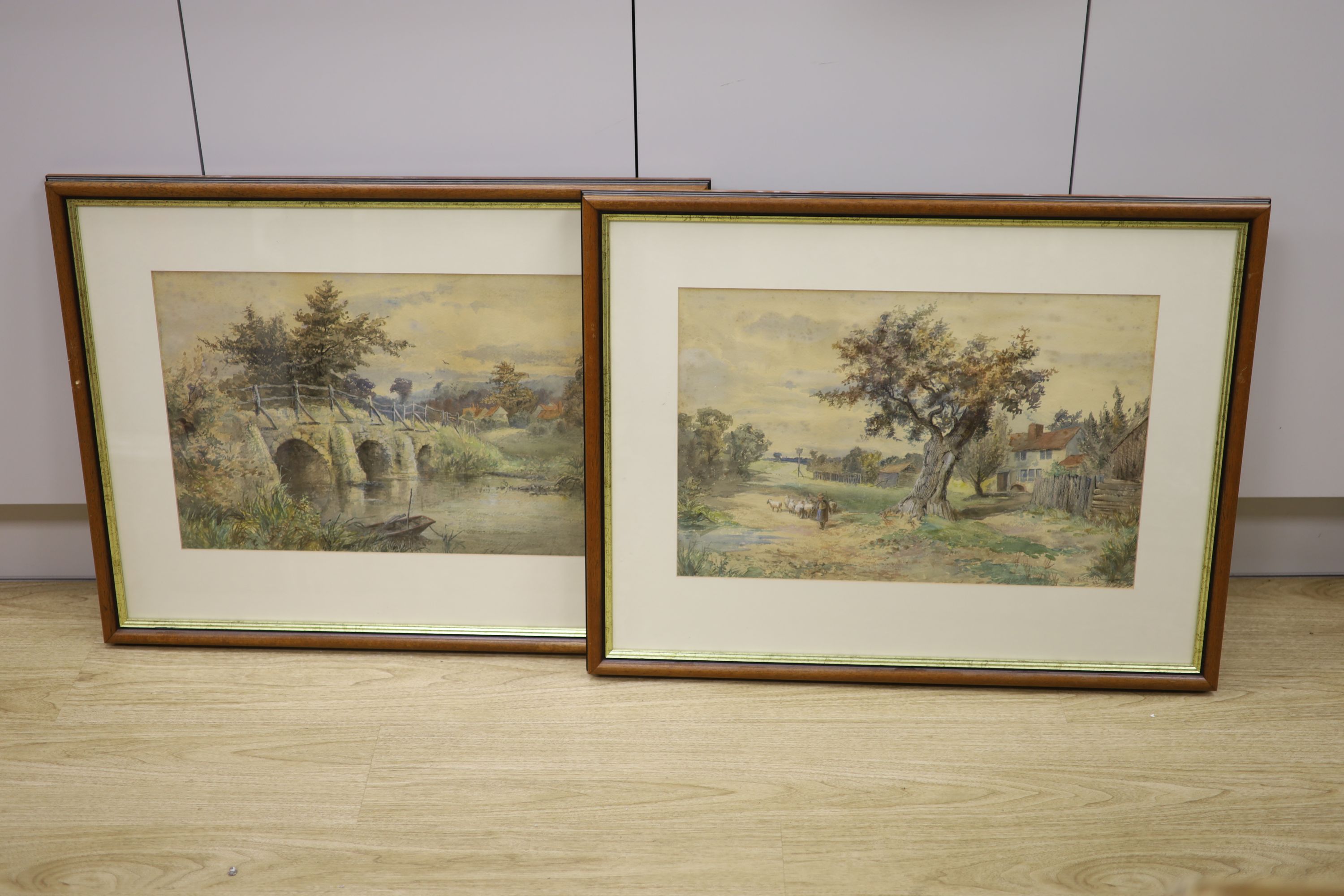 W. Reynolds (19th C.), pair of watercolours, Shepherd and flock on a lane and Stone bridge, signed and dated '82, 36 x 54cm